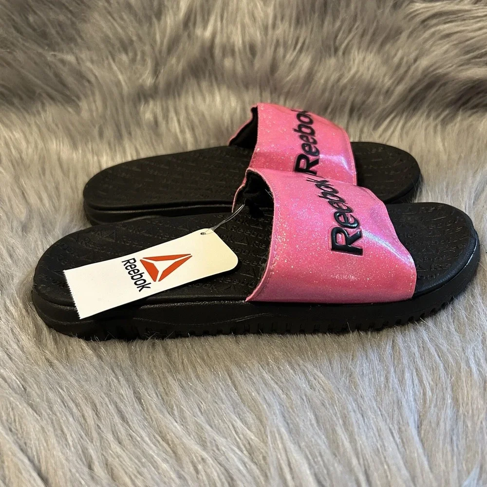Reebok Slides Girls Size 4 Pink Black Sparkly Glitter Slip On‎ Sandals Shoes NWT